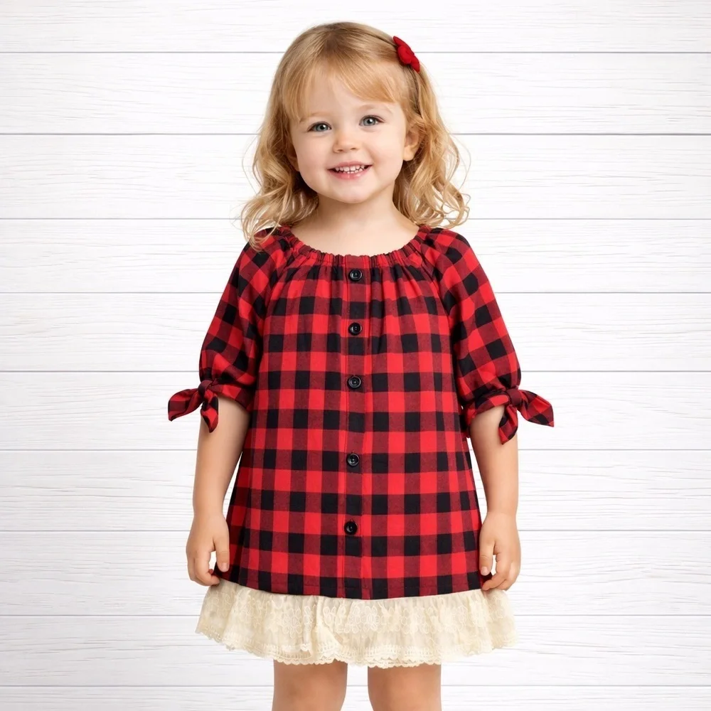 GoodLad- Black Plaid Dress with Lace Hem